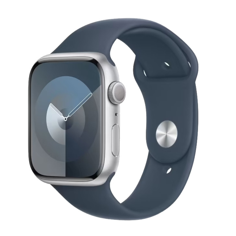 Apple Watch 9 45mm Silver Aluminum Case with Sport Band M/L, Storm Blue